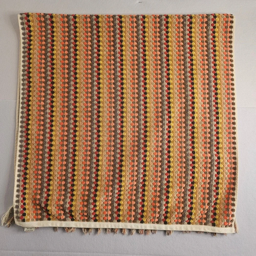 World Market Cotton Bath Towel Striped Dot Texture Fringe Orange Yellow 28x54